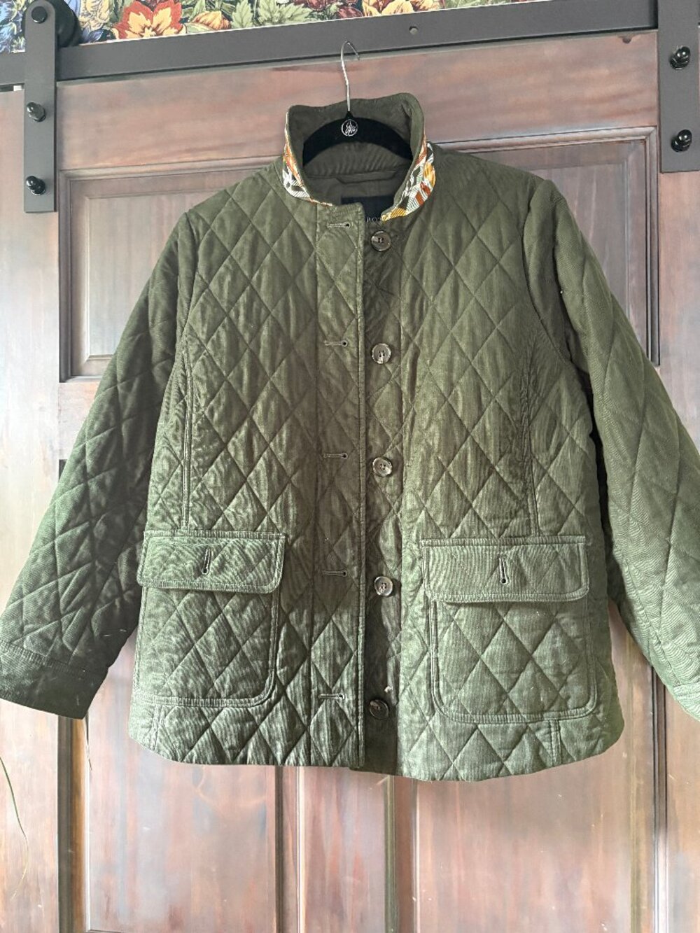 Talbots Petite large barn jacket- green with plaid collar